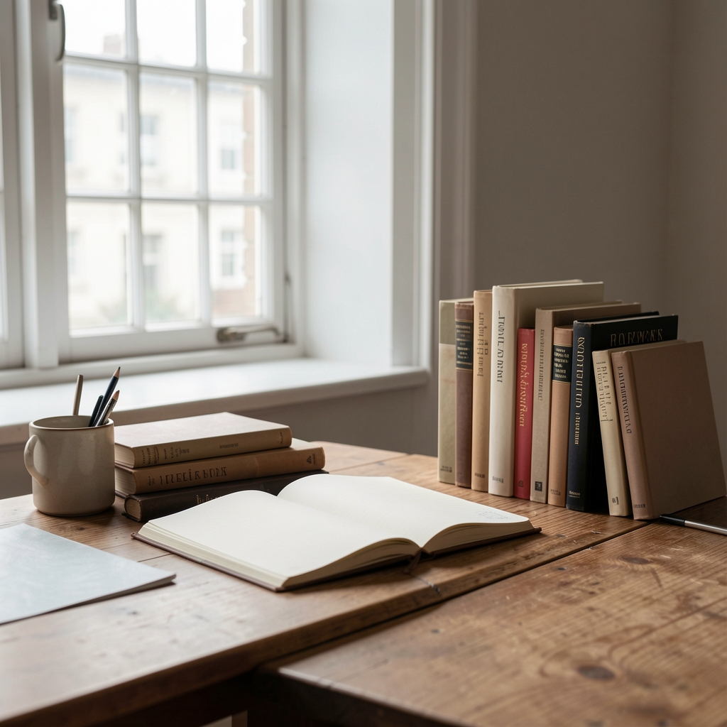 Quiet editorial workspace with an open notebook, natural light from a tall window, and a simple arrangement of books on a wooden desk