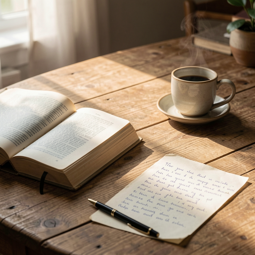 Natural morning light falling across a wooden desk with a coffee cup, open book, and handwritten notes
