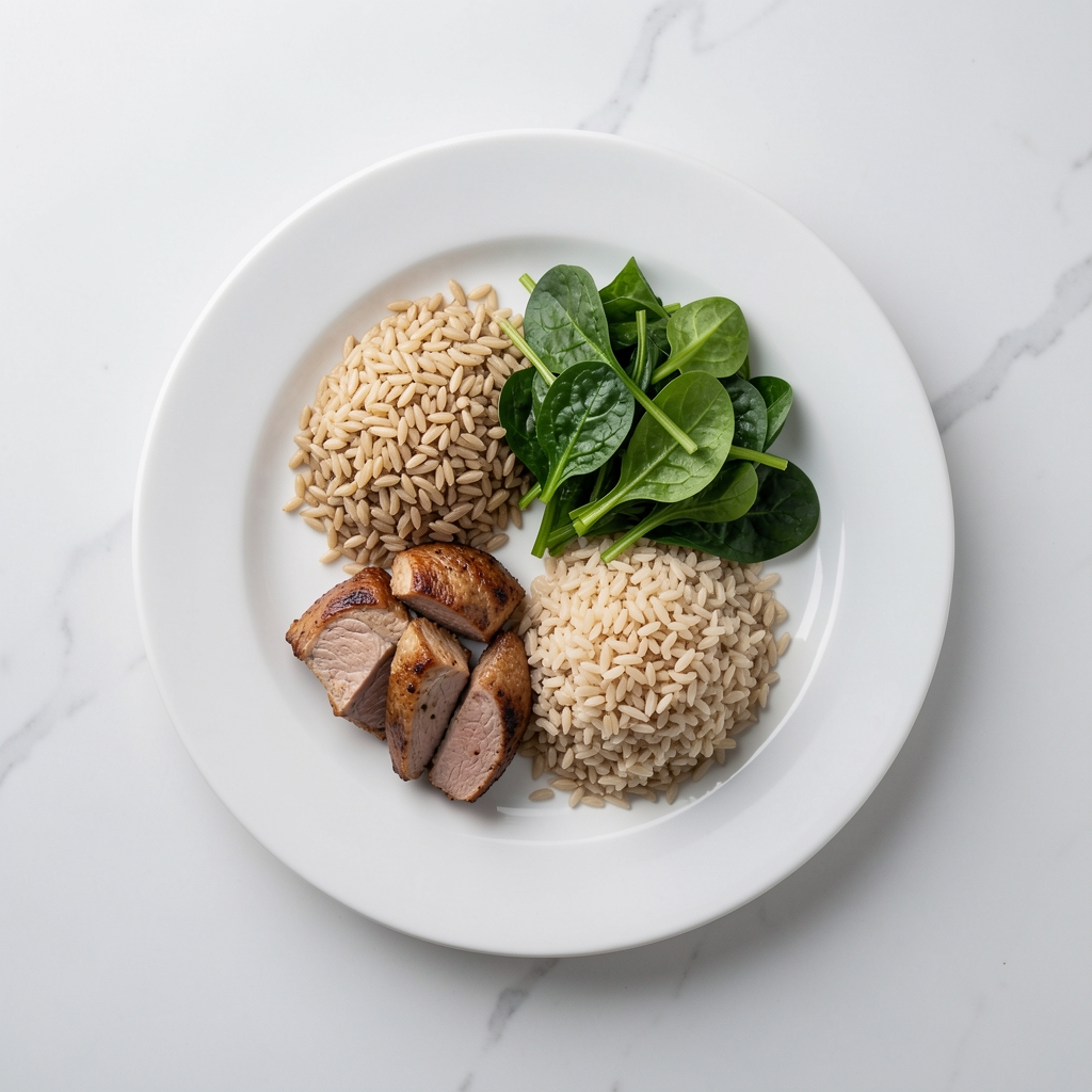 Overhead view of a balanced meal on a white ceramic plate — portions of protein, whole grains, and leafy greens arranged with considered simplicity on a clean kitchen surface, studio lighting